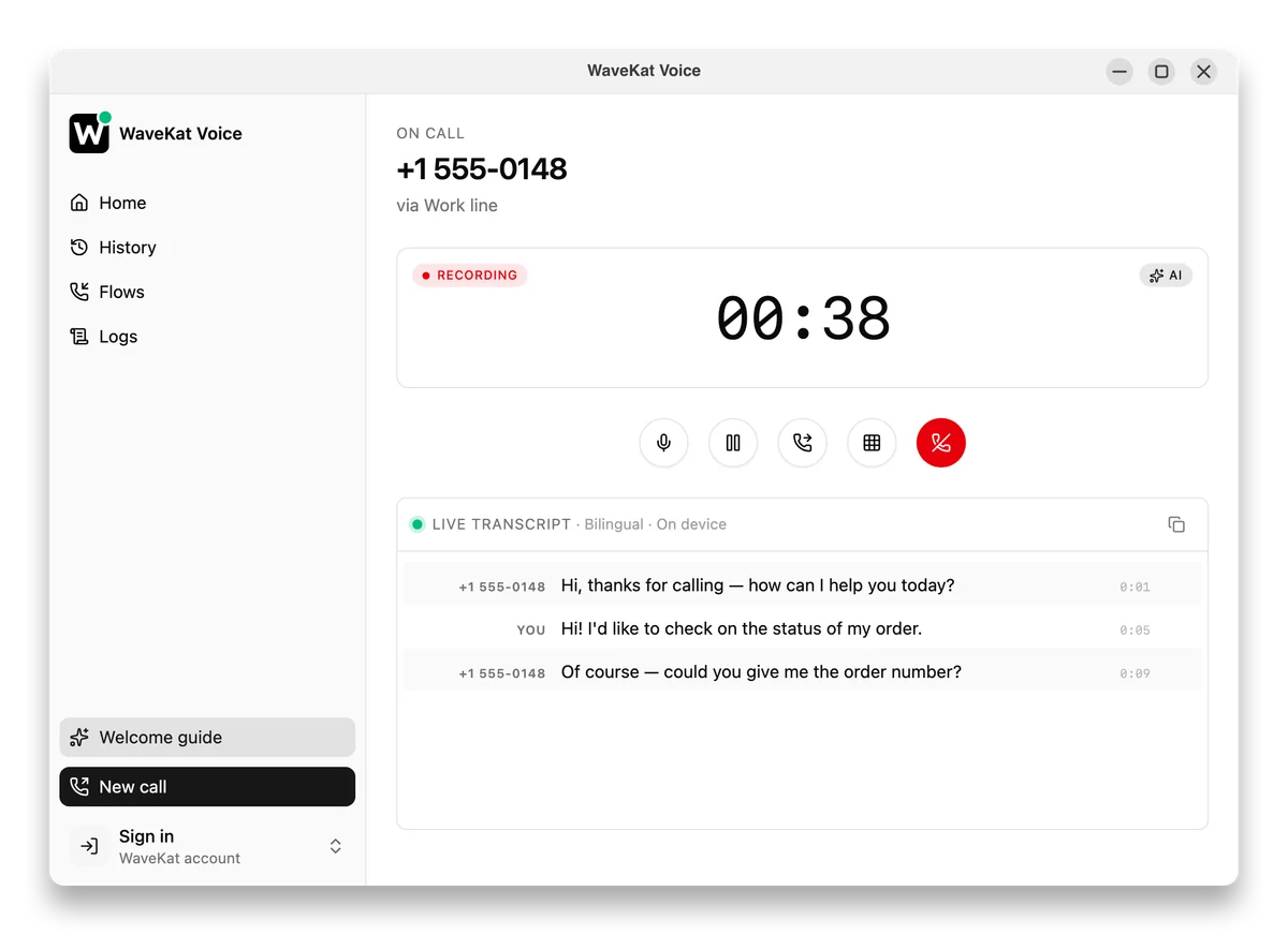 WaveKat Voice during a live call, with the transcript written down in real time