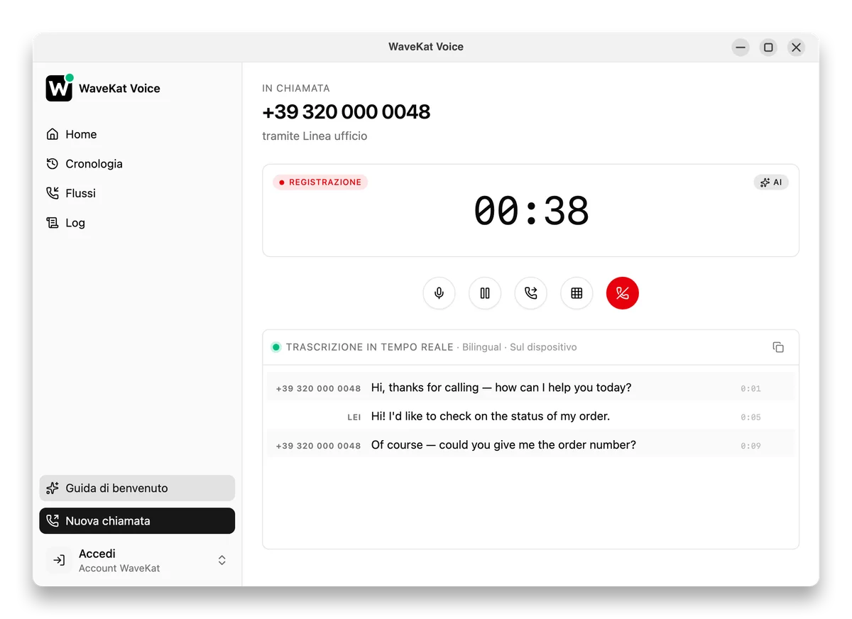 WaveKat Voice durante una chiamata, con la trascrizione scritta in tempo reale