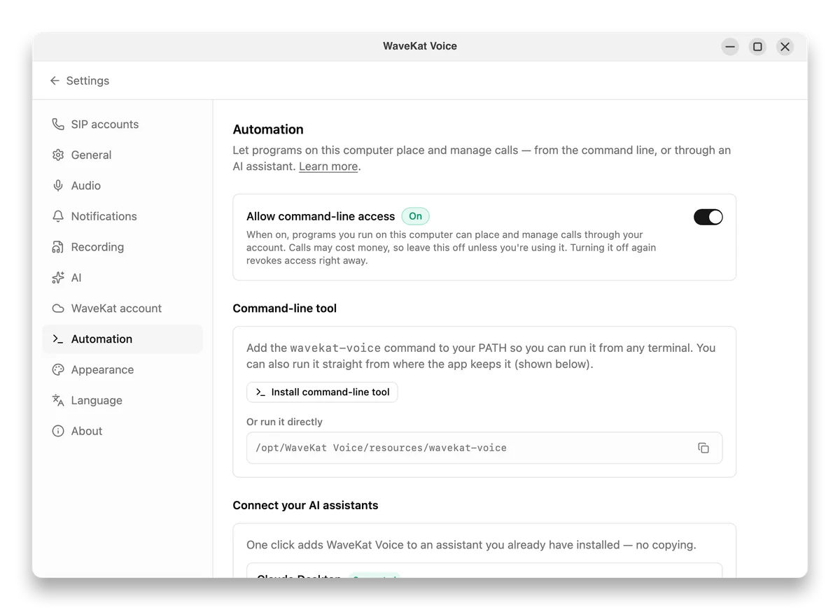 WaveKat Voice on Ubuntu — Settings → Automation, with command-line access turned on and the Install command-line tool button.