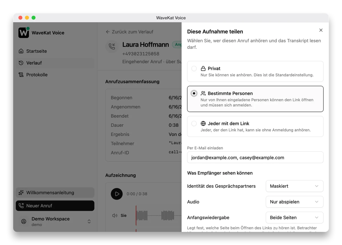 WaveKat Voice auf dem Mac — das Teilen-Panel bei einer aufgezeichneten Aufnahme: die drei Zugriffsstufen, ein Einladungsfeld und die Steuerelemente dafür, was Empfänger sehen können.