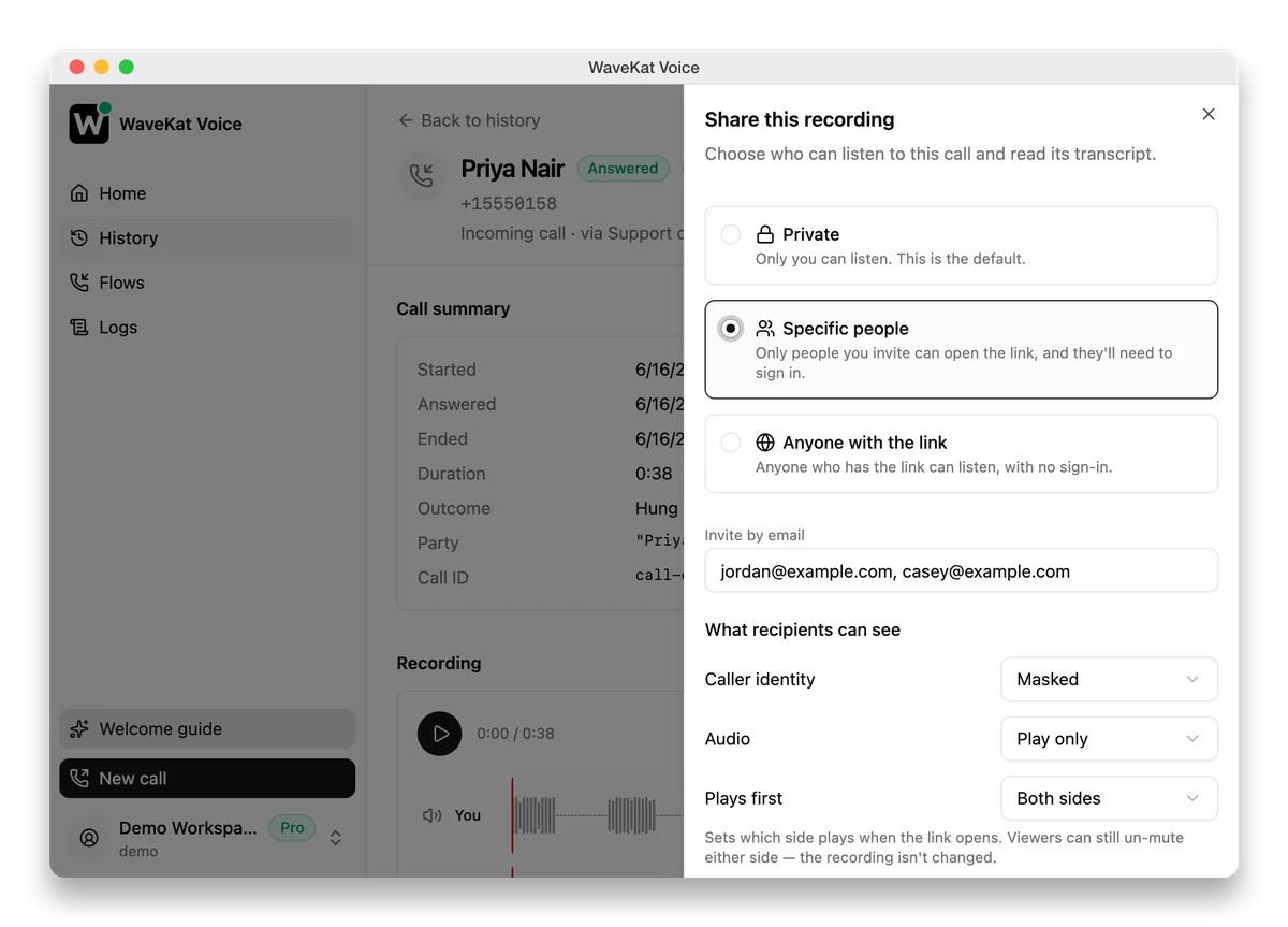 WaveKat Voice on Mac — the Share panel on a recorded call: the three access levels, an invite field, and the controls for what recipients can see.